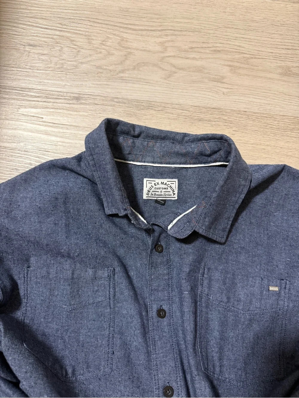 Deus Ex Machina Chambray Dark Wash Cotton Button Down Utility Shirt Mens Size L